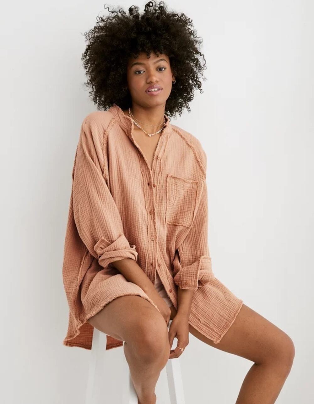 Preppy Bohemian Gauzy Distressed Hem Aerie Button Down Coverup Blouse Sz Medium